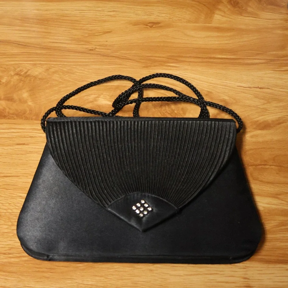 Vintage 90s Pleated Satin Clutch Evening Bag Womens Black Rhinestone Y2K Formal
